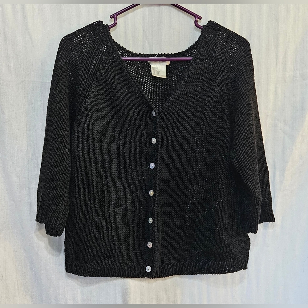 Pierre Cardin Cardigan - Black Button Up Loose Knit Cotton Linen Short - Size XL